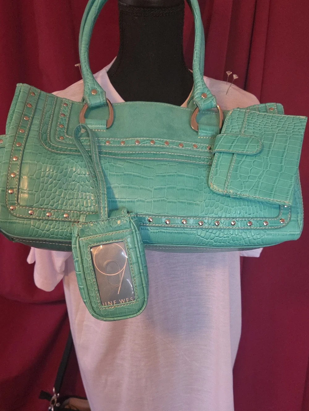 Nine West Teal Croc-Embossed Shoulder Bag with Stud Accents